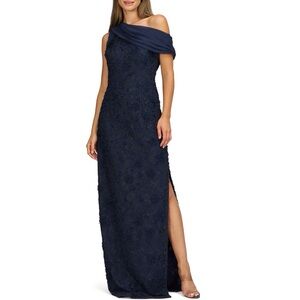 NWT JS Collections Floral Lace One Shoulder Blue Elodie Cocktail Gown Size 8